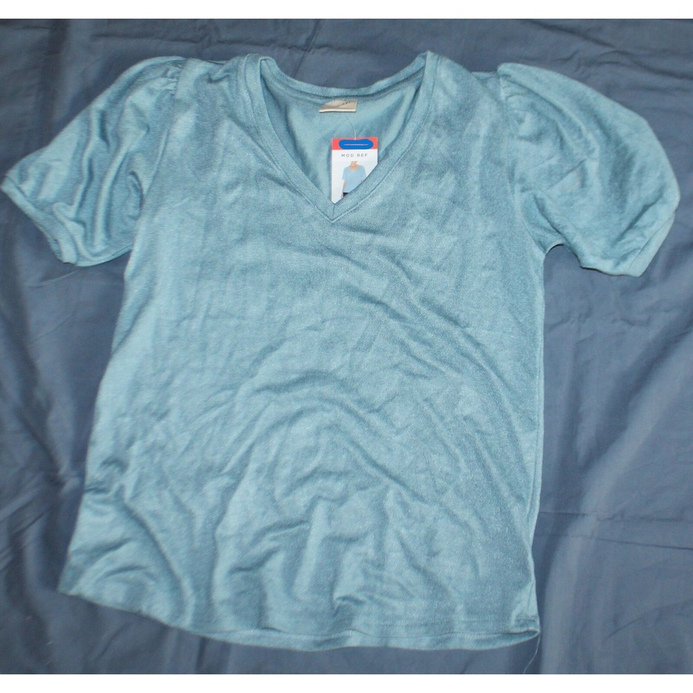Mod Ref Medium Blue V Neck Short Sleeve High Low Blouse Shirt size XS